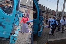Collage photo of a matatu on a pedestrian walkway in Allsops along Thika Road.